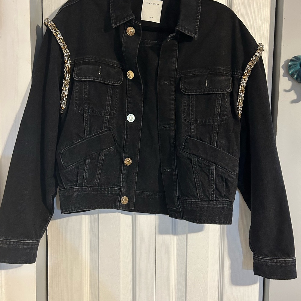 Sandro Black Denim Jacket with Beaded Details